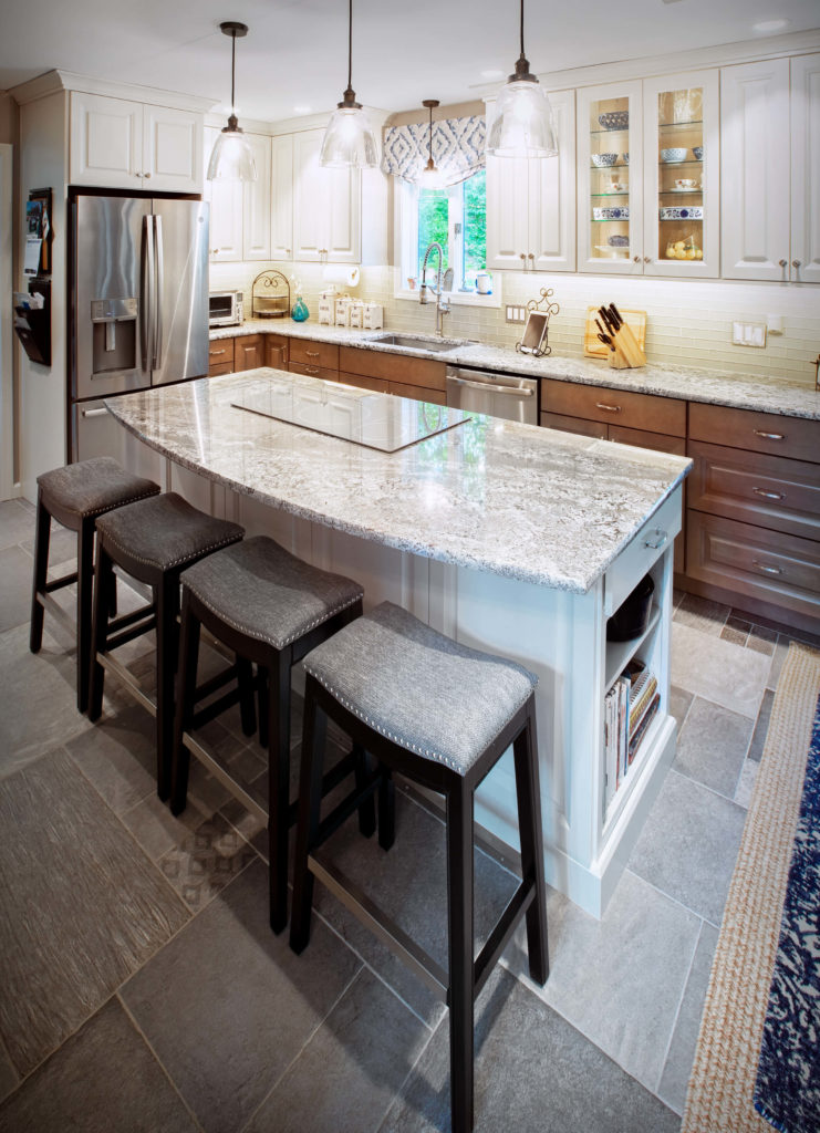 Burlington kitchen remodel perimeter cabinets, island, backsplash and countertops.