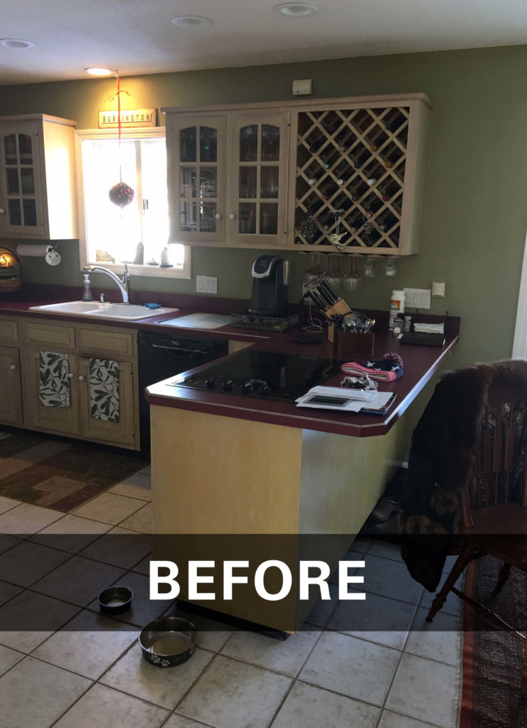 Burlington kitchen remodel before showing work surfaces and peninsula and original countertops.
