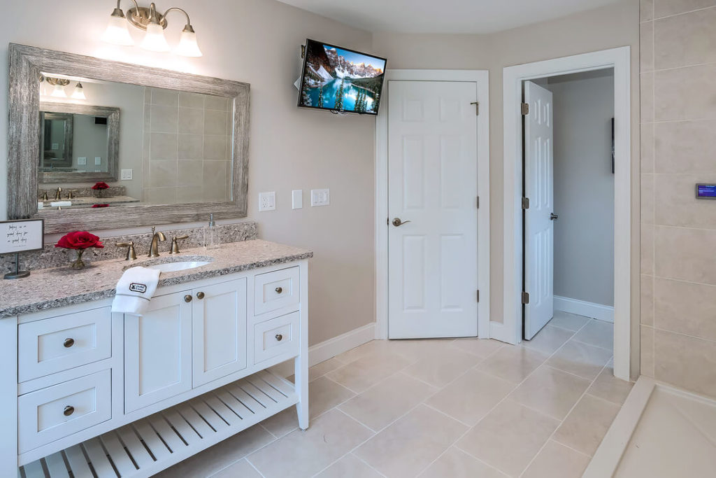 Detail view of bathroom vanity installed by Viking Kitchens at Gledhill Estates.