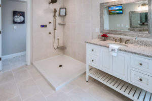 Detail view of bathroom vanity in optional white installed by Viking Kitchens at Gledhill Estates.
