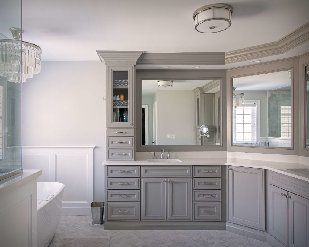 Higganum bathroom remodel showing custom cut mirrors.