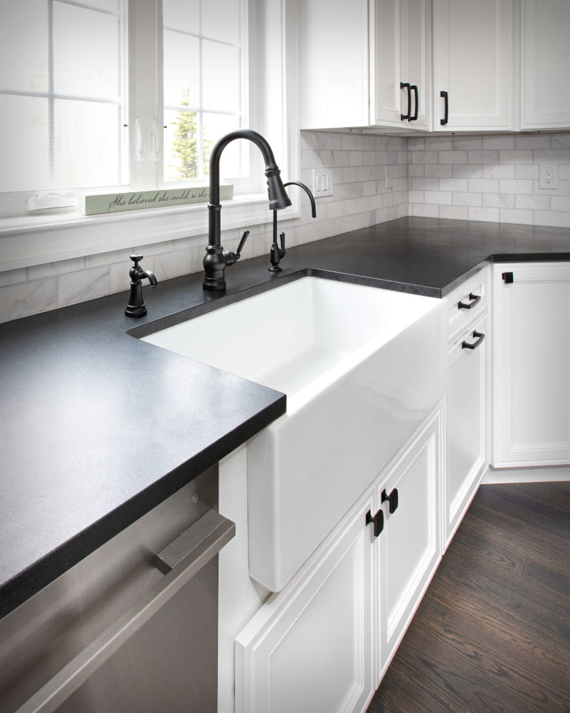 Farmhouse modern kitchen remodel countertop and sink detail.