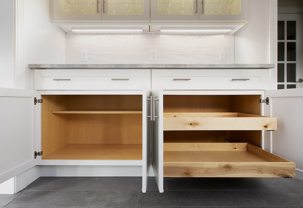 Detail of the cabinetry in the Butler's Pantry showing custom rollouts.